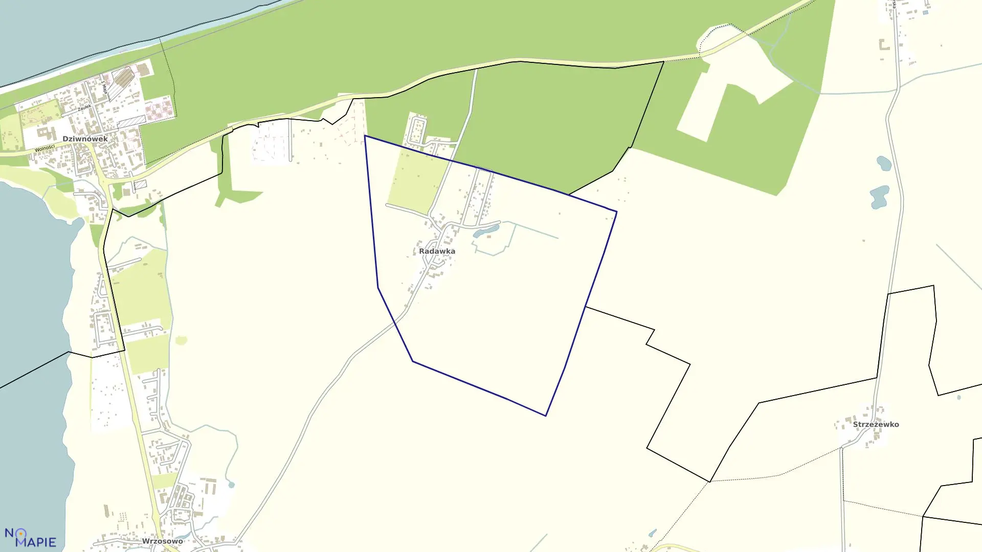 Mapa obrębu Radawka w gminie Kamień Pomorski