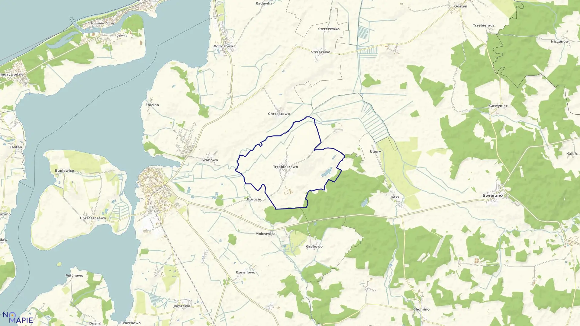 Mapa obrębu Trzebieszewo w gminie Kamień Pomorski