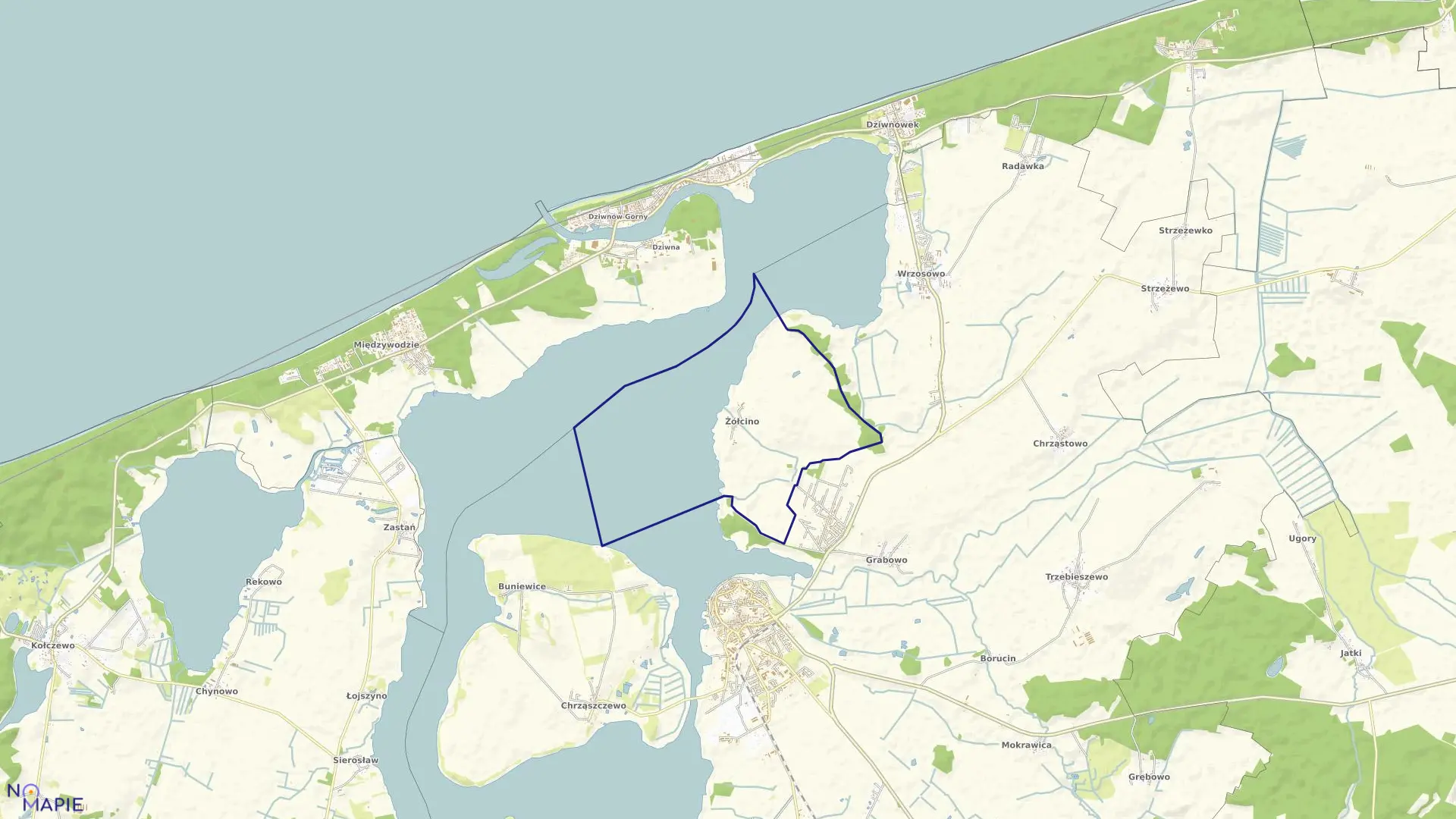 Mapa obrębu Żółcino w gminie Kamień Pomorski
